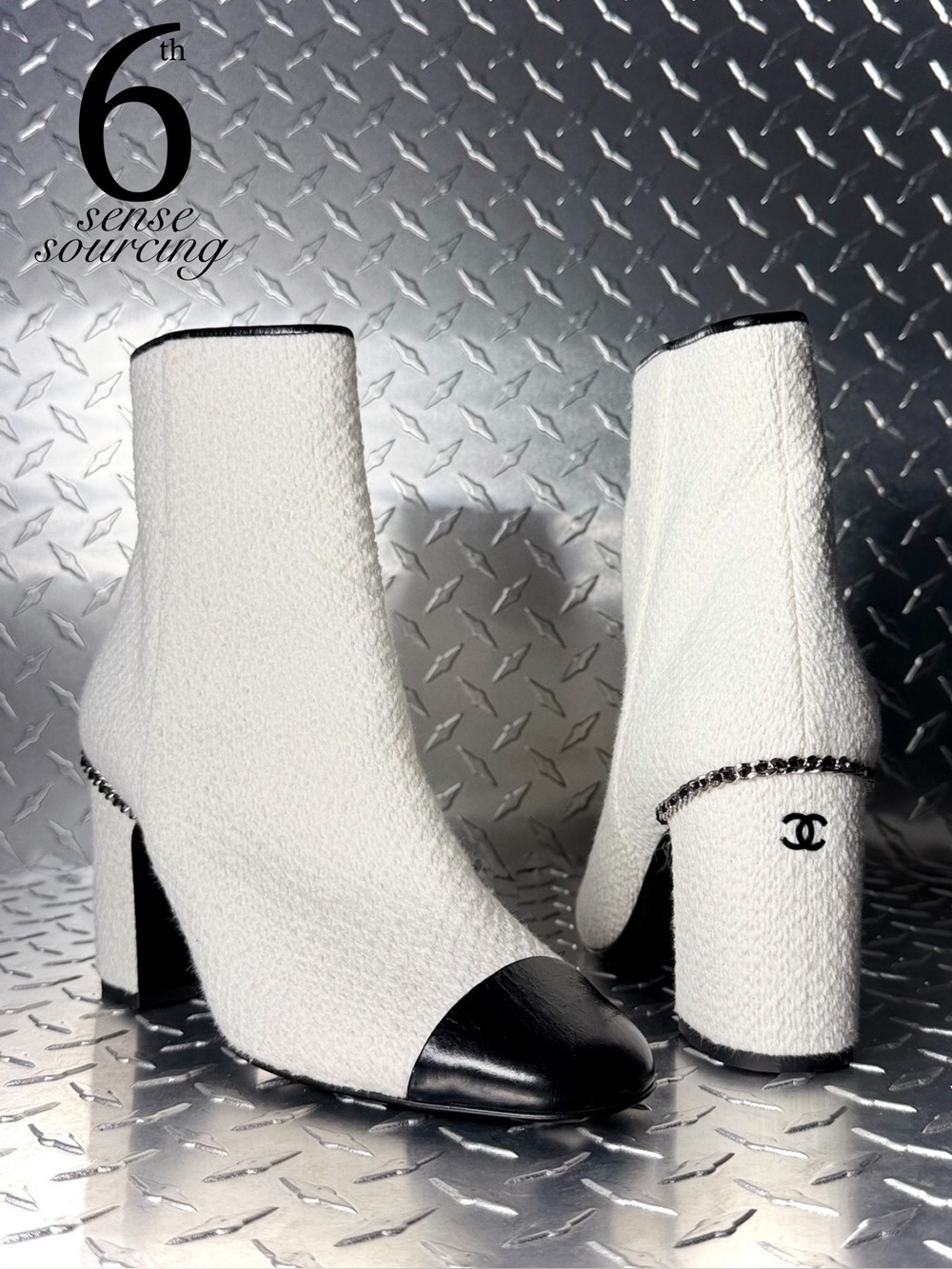 Chanel Cap Toe Tweed Logo Heel Boots in White/Black 39